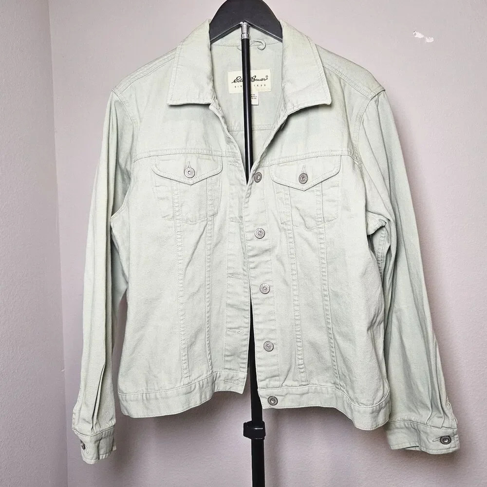 Eddie Bauer Womens L Light Green Denim Jacket Cotton Button Front Casual Trucker
